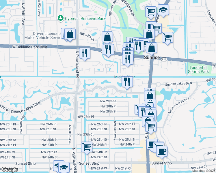 map of restaurants, bars, coffee shops, grocery stores, and more near in Sunrise