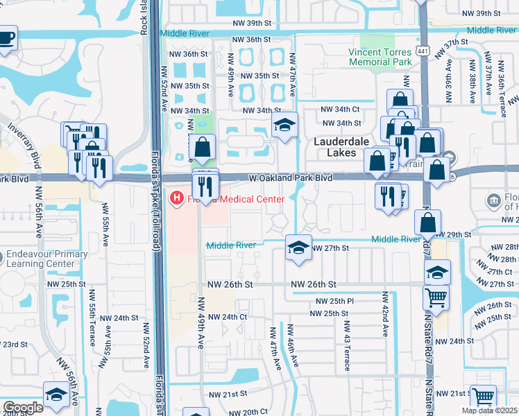 map of restaurants, bars, coffee shops, grocery stores, and more near 3001 Northwest 48th Avenue in Lauderdale Lakes