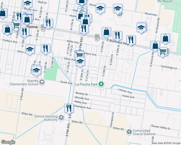 map of restaurants, bars, coffee shops, grocery stores, and more near 2112 Avila Street in Donna