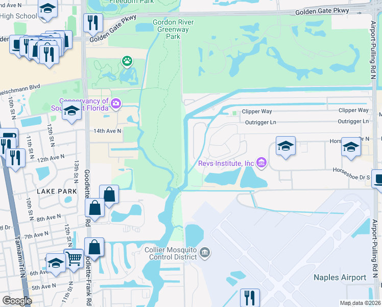 map of restaurants, bars, coffee shops, grocery stores, and more near 1573 Gordon River Lane in Naples