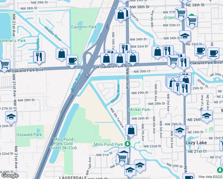 map of restaurants, bars, coffee shops, grocery stores, and more near 2912 Northwest 11th Avenue in Wilton Manors