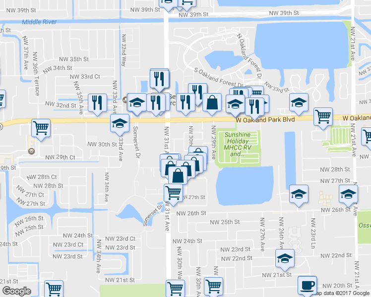 map of restaurants, bars, coffee shops, grocery stores, and more near 3006 Northwest 30th Terrace in Fort Lauderdale