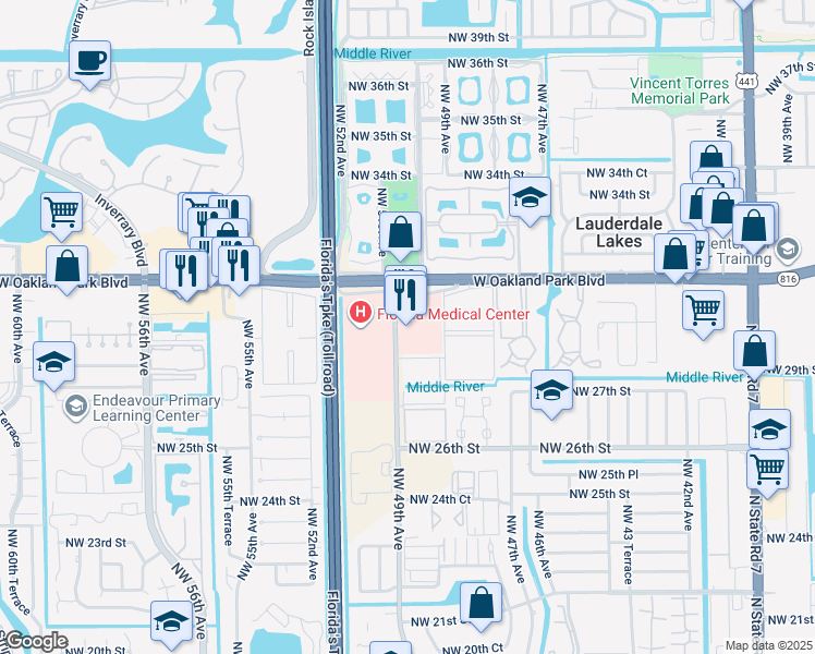 map of restaurants, bars, coffee shops, grocery stores, and more near 4850 West Oakland Park Boulevard in Lauderdale Lakes