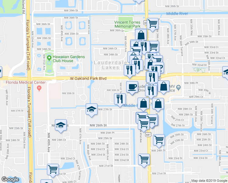 map of restaurants, bars, coffee shops, grocery stores, and more near 2961 Northwest 44th Avenue in Lauderdale Lakes