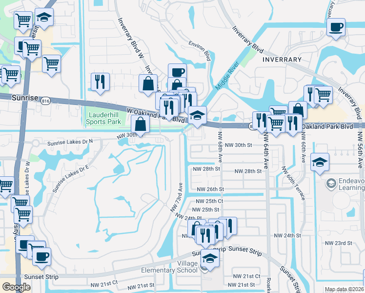 map of restaurants, bars, coffee shops, grocery stores, and more near 2966 Northwest 73rd Avenue in Sunrise