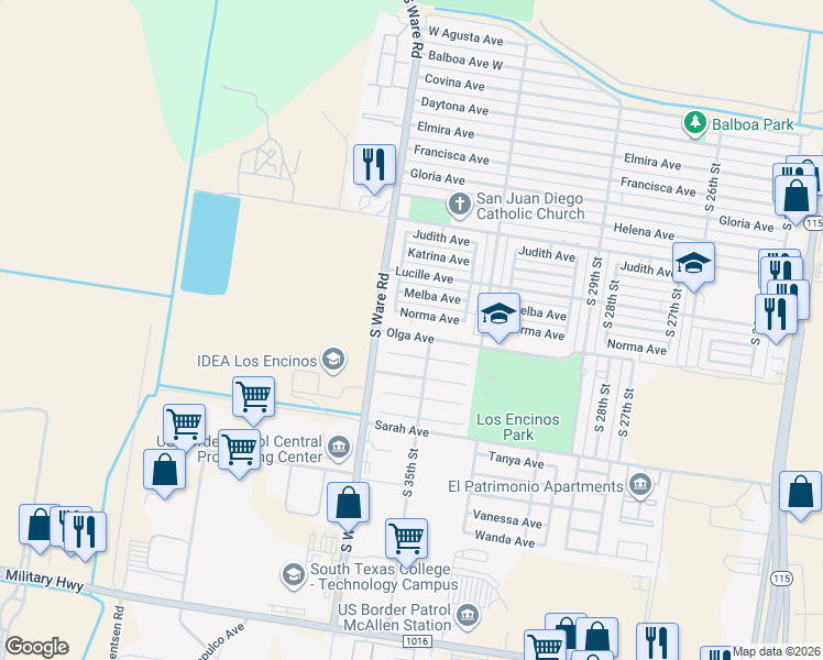 map of restaurants, bars, coffee shops, grocery stores, and more near 3609 Olga Avenue in McAllen