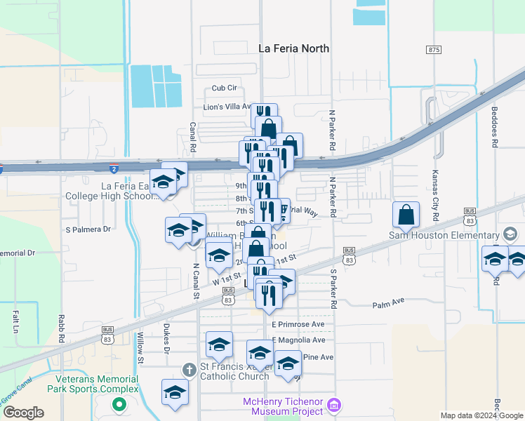 map of restaurants, bars, coffee shops, grocery stores, and more near 499 7th St in La Feria