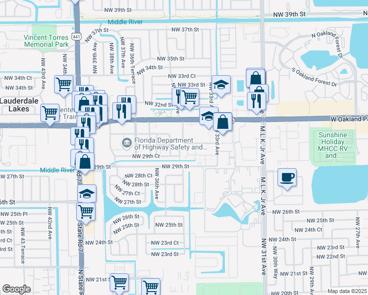 map of restaurants, bars, coffee shops, grocery stores, and more near 2998 Northwest 30th Street in Lauderdale Lakes