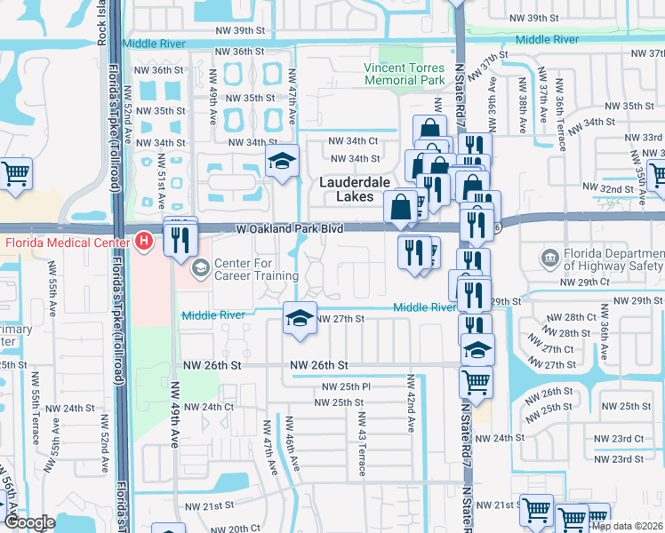 map of restaurants, bars, coffee shops, grocery stores, and more near 2961 Northwest 45th Avenue in Lauderdale Lakes