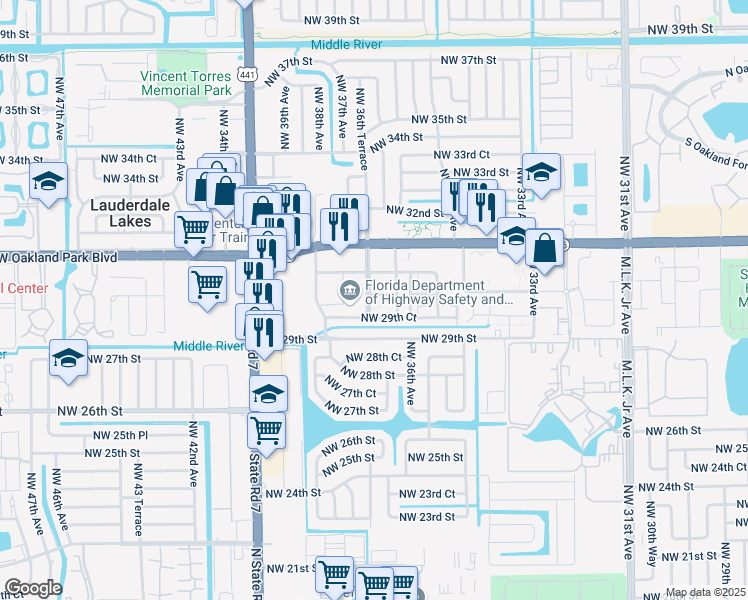 map of restaurants, bars, coffee shops, grocery stores, and more near 2998 Northwest 36th Terrace in Lauderdale Lakes