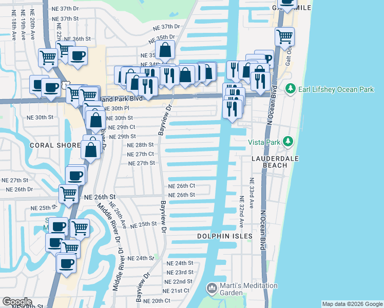 map of restaurants, bars, coffee shops, grocery stores, and more near 2857 Northeast 27th Street in Fort Lauderdale