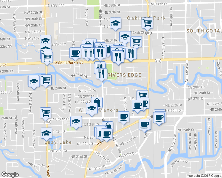 map of restaurants, bars, coffee shops, grocery stores, and more near 608 Northeast 29th Drive in Wilton Manors