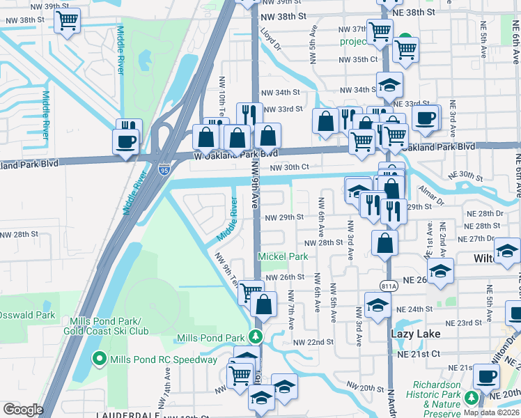 map of restaurants, bars, coffee shops, grocery stores, and more near 818 Northwest 29th Court in Wilton Manors