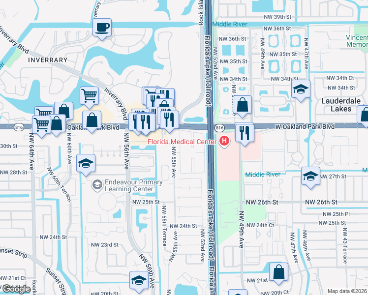 map of restaurants, bars, coffee shops, grocery stores, and more near 2982 Northwest 55th Avenue in Lauderhill