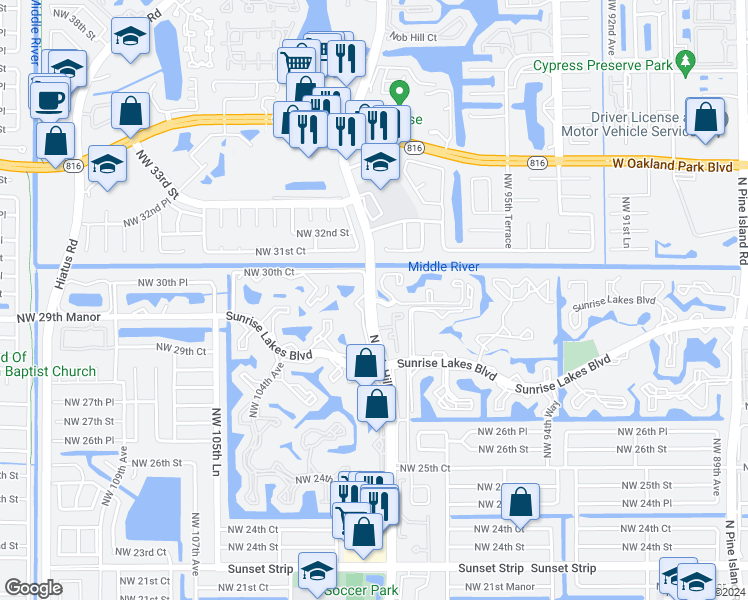map of restaurants, bars, coffee shops, grocery stores, and more near 9001 Summerbreeze Drive in Sunrise