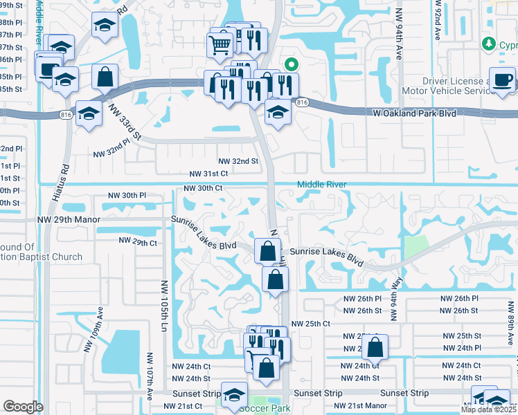 map of restaurants, bars, coffee shops, grocery stores, and more near 2981 North Nob Hill Road in Sunrise