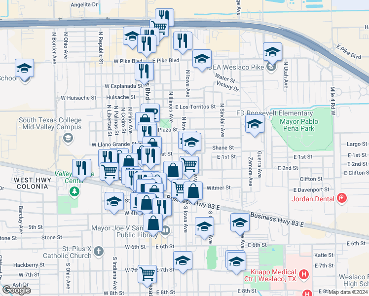 map of restaurants, bars, coffee shops, grocery stores, and more near 100 North Iowa Avenue in Weslaco