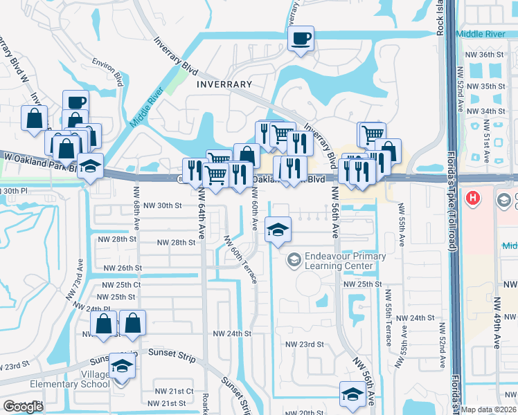 map of restaurants, bars, coffee shops, grocery stores, and more near 5979 Northwest 29th Place in Sunrise