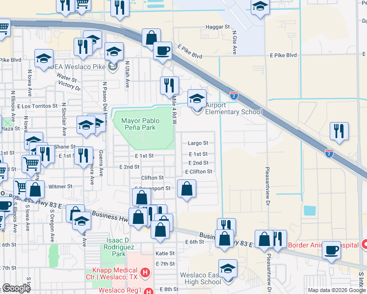 map of restaurants, bars, coffee shops, grocery stores, and more near 1716 Largo Street in Weslaco