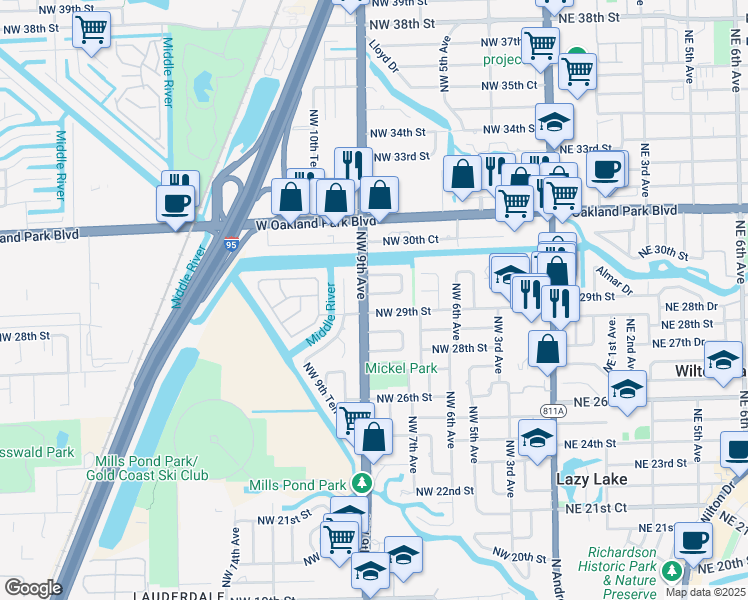 map of restaurants, bars, coffee shops, grocery stores, and more near 818 Northwest 29th Court in Wilton Manors
