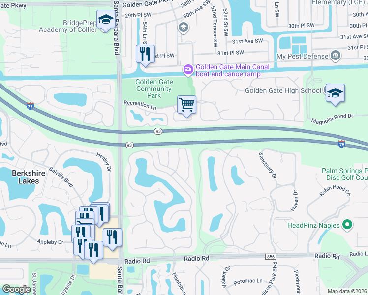map of restaurants, bars, coffee shops, grocery stores, and more near 7820 Woodbrook Circle in Naples