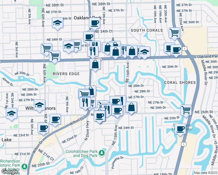 map of restaurants, bars, coffee shops, grocery stores, and more near 2756 Northeast 14th Avenue in Oakland Park
