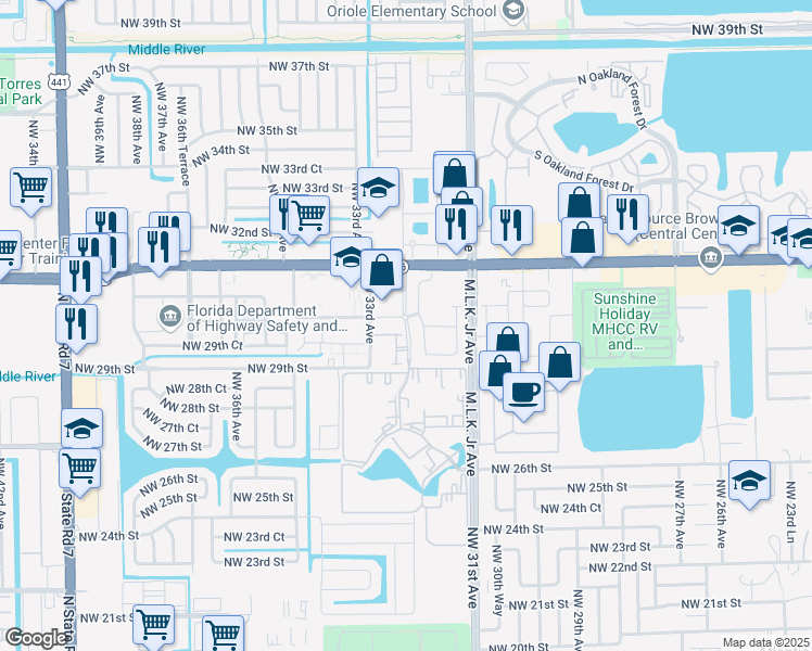 map of restaurants, bars, coffee shops, grocery stores, and more near 3200 Northwest 30th Street in Lauderdale Lakes
