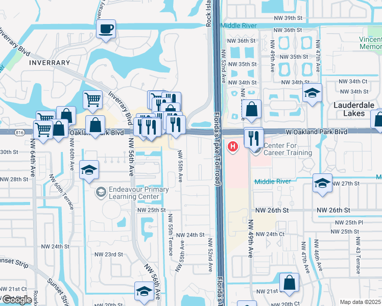 map of restaurants, bars, coffee shops, grocery stores, and more near 2982 Northwest 55th Avenue in Lauderhill