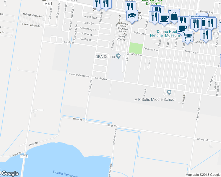 map of restaurants, bars, coffee shops, grocery stores, and more near 202 South Avenue in Donna