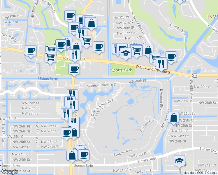 map of restaurants, bars, coffee shops, grocery stores, and more near 7760-7796 Sunrise Lakes Drive North in Sunrise