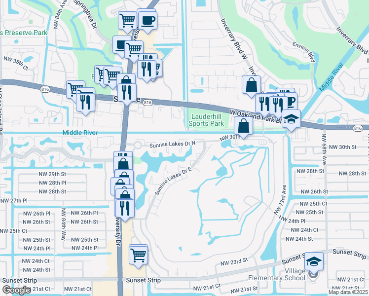 map of restaurants, bars, coffee shops, grocery stores, and more near 7960 Sunrise Lakes Drive North in Sunrise