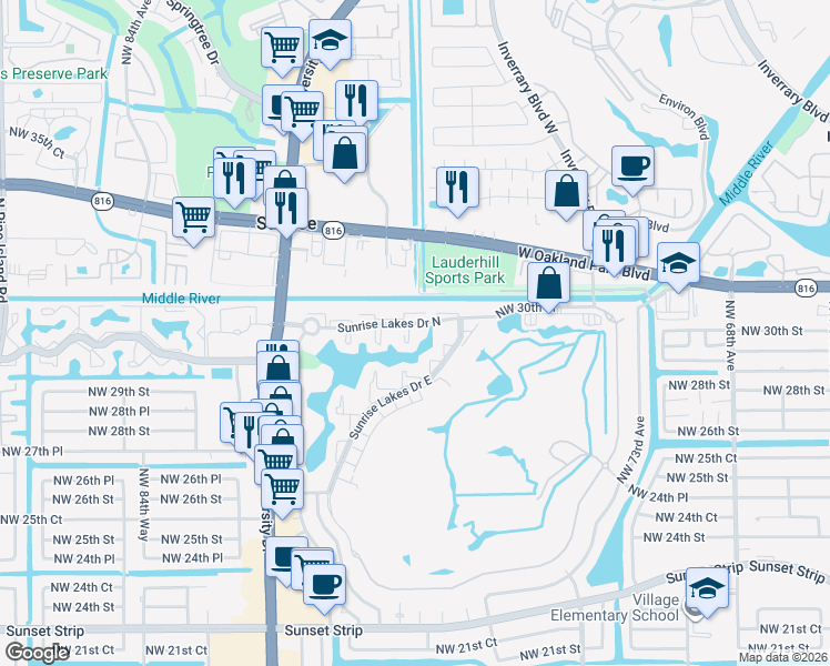 map of restaurants, bars, coffee shops, grocery stores, and more near 7960 Sunrise Lakes Drive North in Sunrise