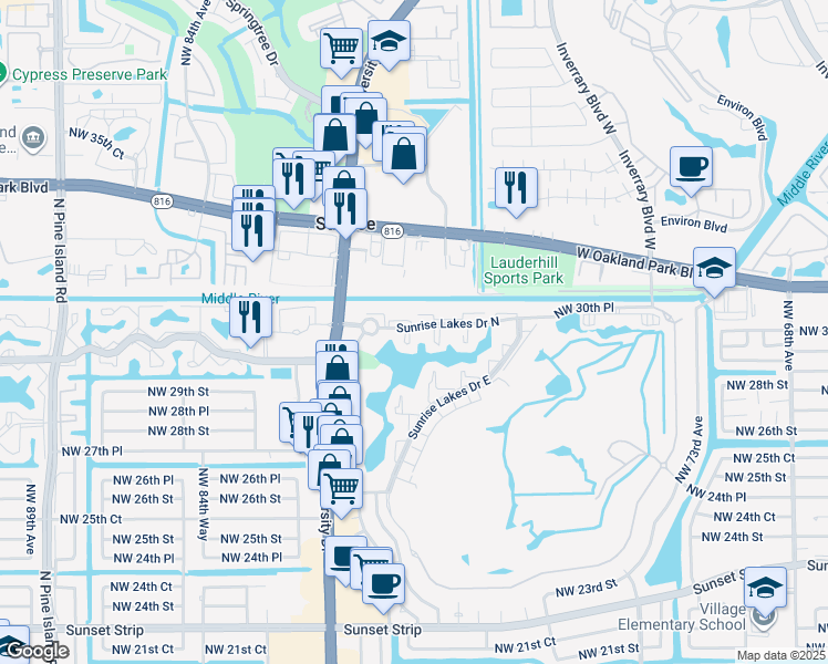 map of restaurants, bars, coffee shops, grocery stores, and more near 8080 Sunrise Lakes Drive North in Sunrise