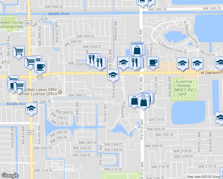 map of restaurants, bars, coffee shops, grocery stores, and more near 2999 Northwest 33rd Avenue in Lauderdale Lakes
