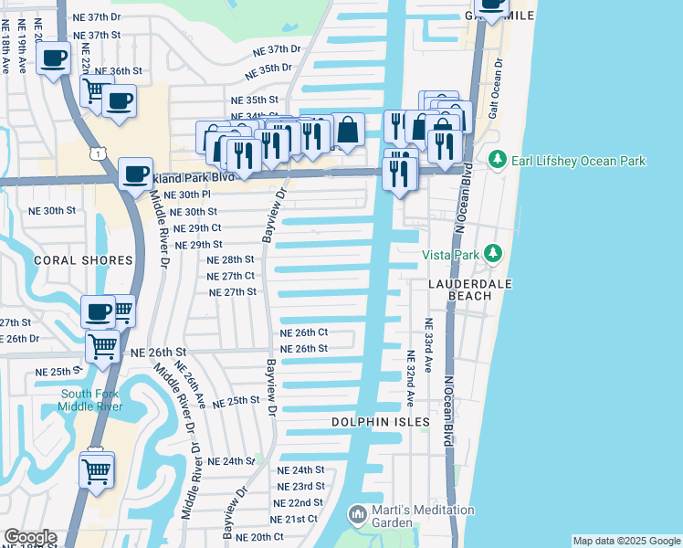 map of restaurants, bars, coffee shops, grocery stores, and more near 2889 Northeast 27th Street in Fort Lauderdale