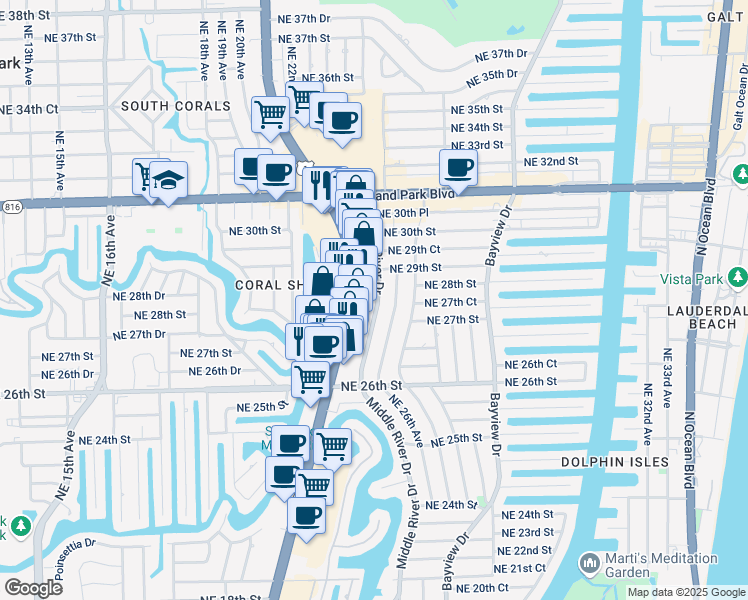 map of restaurants, bars, coffee shops, grocery stores, and more near 2717 Middle River Drive in Fort Lauderdale