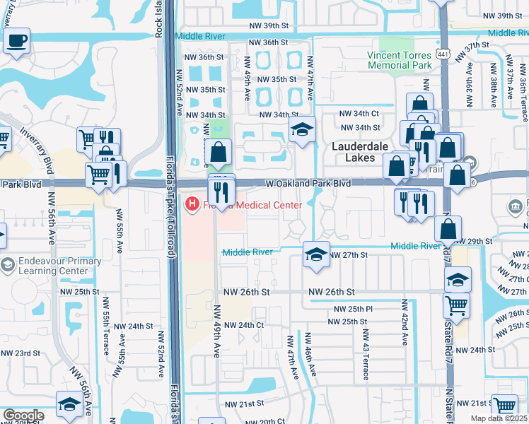 map of restaurants, bars, coffee shops, grocery stores, and more near 527 Northwest 30th Street in Lauderdale Lakes