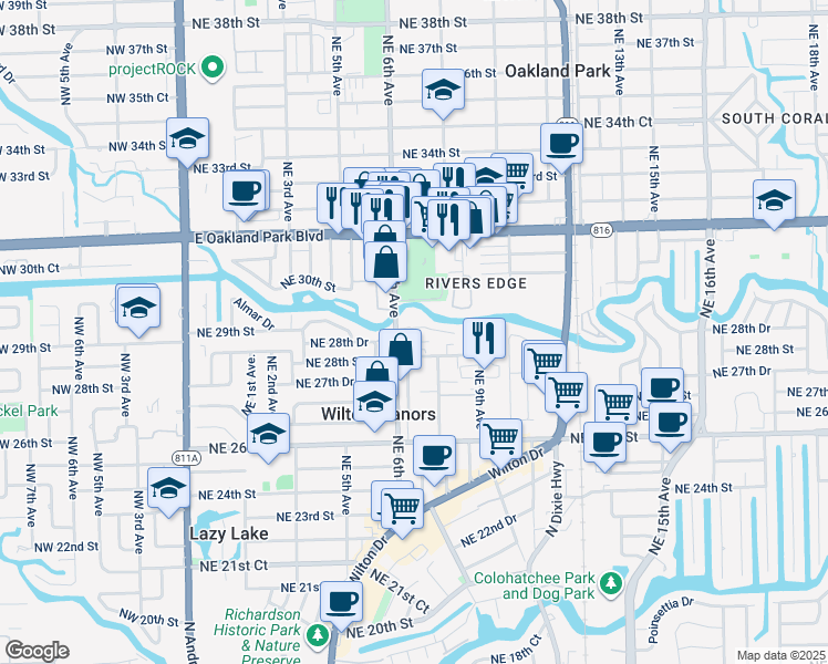 map of restaurants, bars, coffee shops, grocery stores, and more near 608 Northeast 29th Drive in Wilton Manors