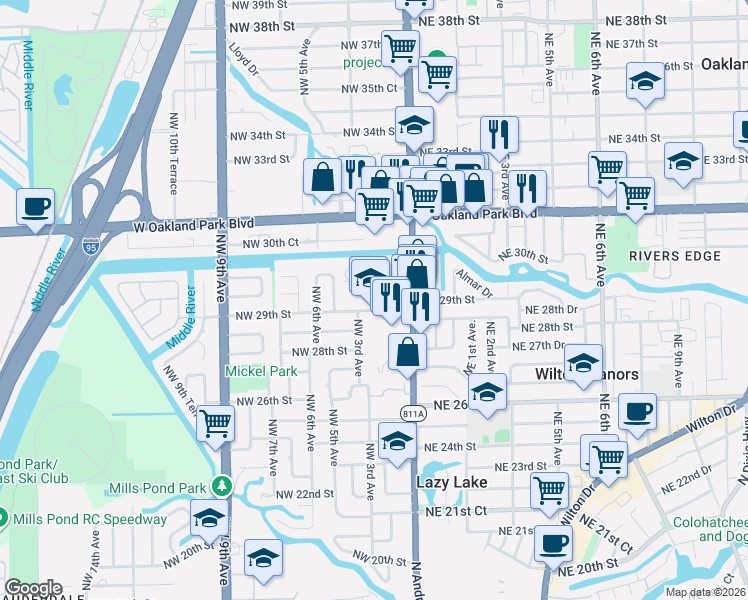 map of restaurants, bars, coffee shops, grocery stores, and more near 301 Northwest 29th Street in Wilton Manors
