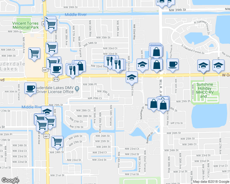map of restaurants, bars, coffee shops, grocery stores, and more near 2975 Northwest 33Rd Way in Lauderdale Lakes