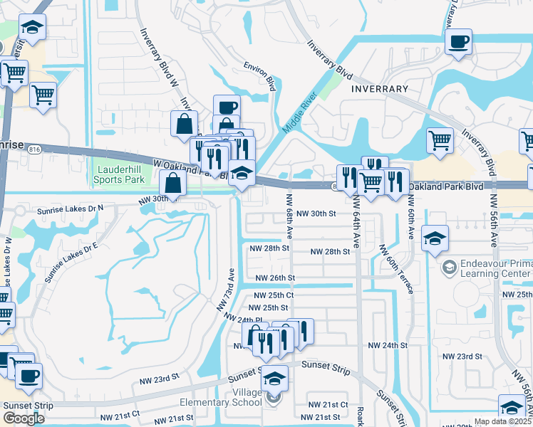 map of restaurants, bars, coffee shops, grocery stores, and more near 2970 Northwest 68th Way in Sunrise