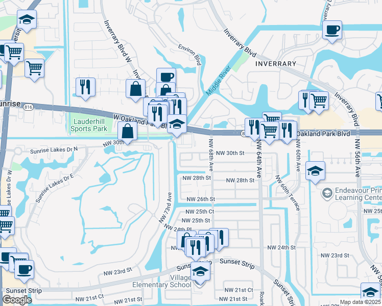 map of restaurants, bars, coffee shops, grocery stores, and more near 2970 Northwest 68th Way in Sunrise