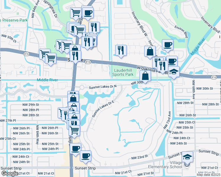 map of restaurants, bars, coffee shops, grocery stores, and more near 7960 Sunrise Lakes Drive North in Sunrise