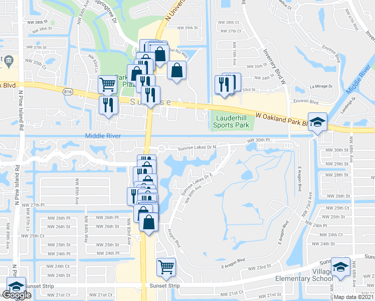 map of restaurants, bars, coffee shops, grocery stores, and more near 8040 Sunrise Lakes Drive North in Sunrise