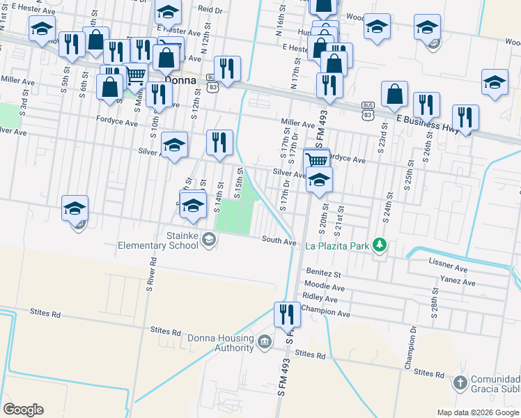 map of restaurants, bars, coffee shops, grocery stores, and more near 509 South 16th Street in Donna