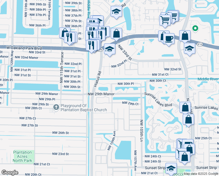 map of restaurants, bars, coffee shops, grocery stores, and more near 3029 Northwest 109th Avenue in Sunrise