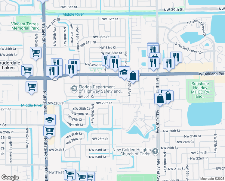 map of restaurants, bars, coffee shops, grocery stores, and more near 2975 Northwest 33Rd Way in Lauderdale Lakes