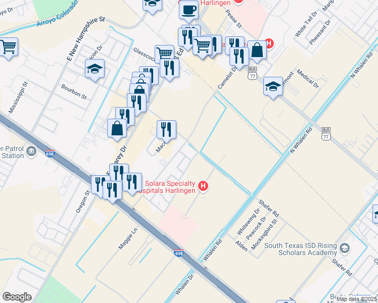 map of restaurants, bars, coffee shops, grocery stores, and more near 900 Camelot Drive in Harlingen