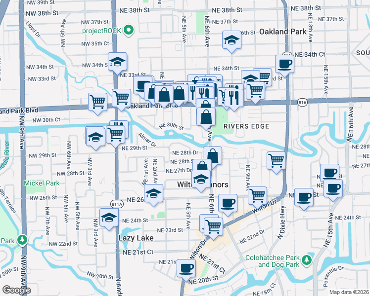 map of restaurants, bars, coffee shops, grocery stores, and more near 417 Northeast 28th Drive in Wilton Manors