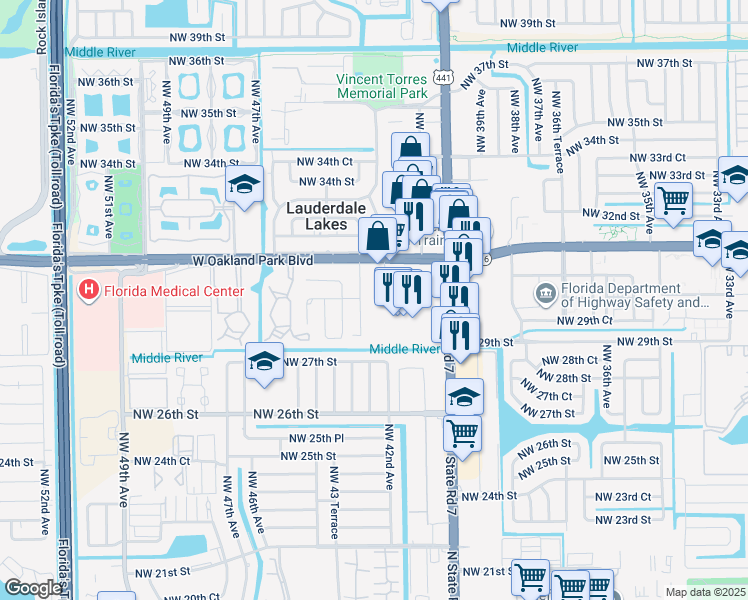 map of restaurants, bars, coffee shops, grocery stores, and more near 2980 Northwest 43 Terrace in Lauderdale Lakes
